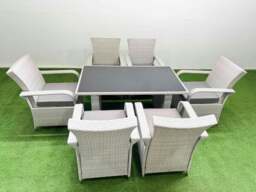 Rackhams Wicker PE Rattan Garden Furniture Set Patio Outdoor 6 Chairs Plus Rectangular Dining Table Set Light Grey Mixed - thumbnail 1