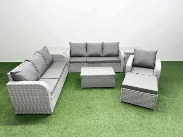 Rackhams 8 Seater Poly Rattan Outdoor Garden Furniture Sofa Set Patio 3 Seater Sofa Reclining Chair 3 Seater Sofa Big Footstool 2 Side Table Light Grey - image 1