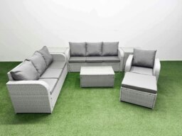 Rackhams 8 Seater Poly Rattan Outdoor Garden Furniture Sofa Set Patio 3 Seater Sofa Reclining Chair 3 Seater Sofa Big Footstool 2 Side Table Light Grey - thumbnail 1