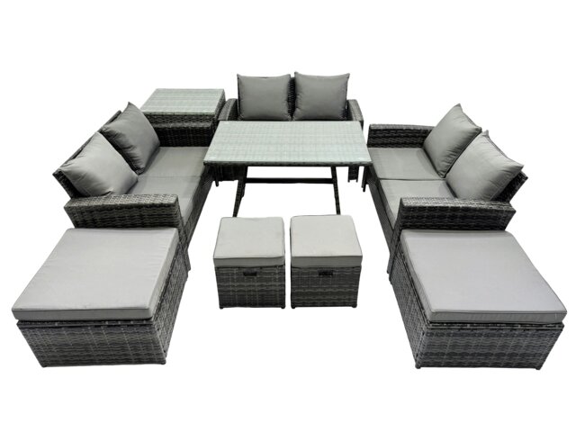 Rackhams 10 Seater Wicker PE Rattan Furniture Outdoor Dining Table Double Seat Sofa 4 Stools Side Table Set Dark Grey Mixed - image 1