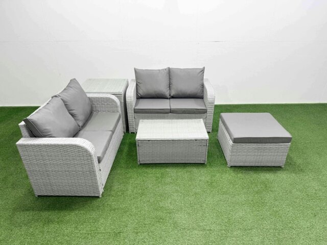 Rackhams 5 Seater Outdoor Love Sofa Set Rattan Garden Furniture Set with Rectangular Coffee Table Big Footstool Side Table Light Grey - image 1
