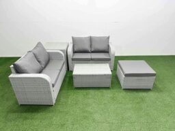 Rackhams 5 Seater Outdoor Love Sofa Set Rattan Garden Furniture Set with Rectangular Coffee Table Big Footstool Side Table Light Grey - thumbnail 1