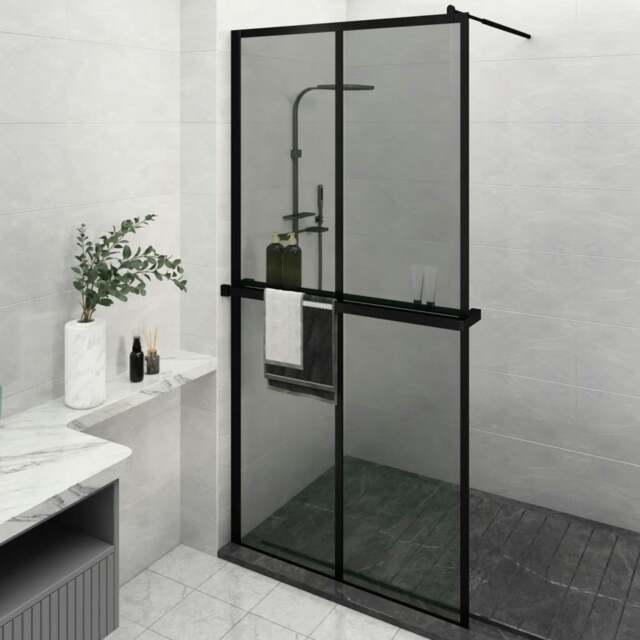Rackhams Walk-in Shower Wall with Shelf Black 118x190 cm ESG Glass&Aluminium - Dark ESG glass, aluminium, stainless steel