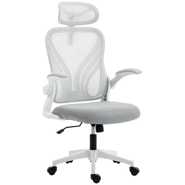 Rackhams Ergonomic Office Chair with Foldable Backrest, 2D Headrest - Light Grey