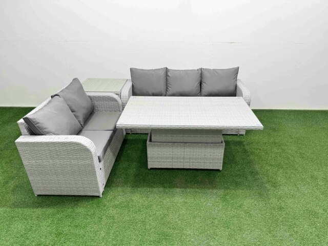 Rackhams 5-Seater PE Rattan Outdoor Sofa Set - Adjustable Dining/Coffee Table, 3-Seater Sofa, Loveseat, Side Table - image 1
