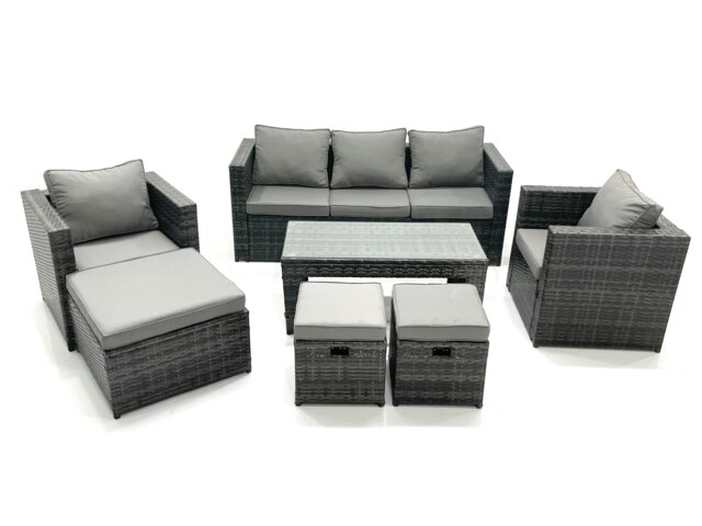 Rackhams 8 Seater Rattan Garden Furniture Set Outdoor Lounger Sofa with Coffee Table 2 Armchair 3 Footstools Dark Grey Mixed - image 1