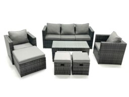 Rackhams 8 Seater Rattan Garden Furniture Set Outdoor Lounger Sofa with Coffee Table 2 Armchair 3 Footstools Dark Grey Mixed - thumbnail 1