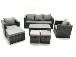 Rackhams 8 Seater Rattan Garden Furniture Set Outdoor Lounger Sofa with Coffee Table 2 Armchair 3 Footstools Dark Grey Mixed - thumbnail 2