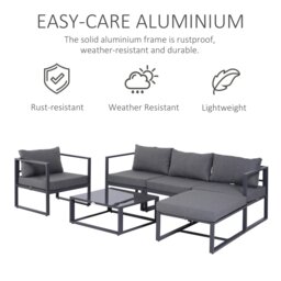 Rackhams 6pcs Garden Sectional Sofa Set Aluminum Frame Coffee Table Footstool - Grey - Aluminum, Tempered Glass - 73cmx65cmx63cm - thumbnail 3