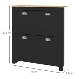 Rackhams 2 Drawer Shoe Cabinet Modern Narrow Shoe Cupboard Hallway Wooden Storage Organiser with Flip Doors Adjustable Shelf for 6-12 Pairs, Black - thumbnail 3