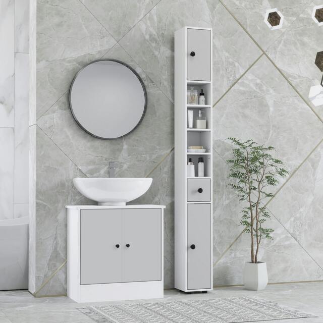 Rackhams Slim Bathroom Cabinet, Toilet Roll Storage w/ Open Shelves, Black - Light grey - Bathroom cabinet - Particle board - image 1