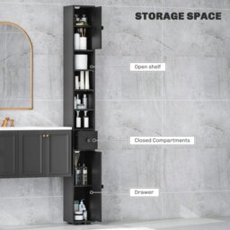 Rackhams Slim Bathroom Cabinet, Toilet Roll Storage w/ Open Shelves, Black - Light grey - Bathroom cabinet - Particle board - thumbnail 4