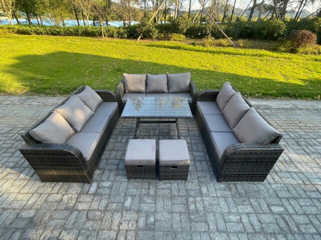 Rackhams 11 Seater Wicker Rattan Garden Furniture Set with Rectangular Dining Table 2 Small Footstools Patio Outdoor Lounge Sofa Set - image 1