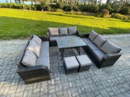 Rackhams 11 Seater Wicker Rattan Garden Furniture Set with Rectangular Dining Table 2 Small Footstools Patio Outdoor Lounge Sofa Set - thumbnail 2