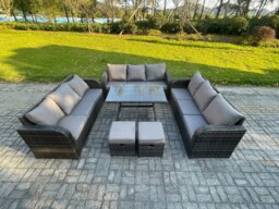 Rackhams 11 Seater Wicker Rattan Garden Furniture Set with Rectangular Dining Table 2 Small Footstools Patio Outdoor Lounge Sofa Set - thumbnail 1