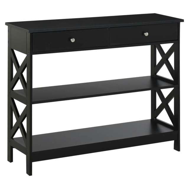 Rackhams Console Table Side Desk w/ Shelves Drawers Open Top X Support Frame Living Room Hallway Home Office Furniture Black - image 1