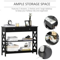 Rackhams Console Table Side Desk w/ Shelves Drawers Open Top X Support Frame Living Room Hallway Home Office Furniture Black - thumbnail 4