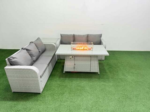 Rackhams Outdoor Garden Furniture Sets 6 Seater Wicker Rattan Furniture Sofa Sets with Fire Pit Dining Table high Back Lounge Sofa Side Table Light Grey - image 1