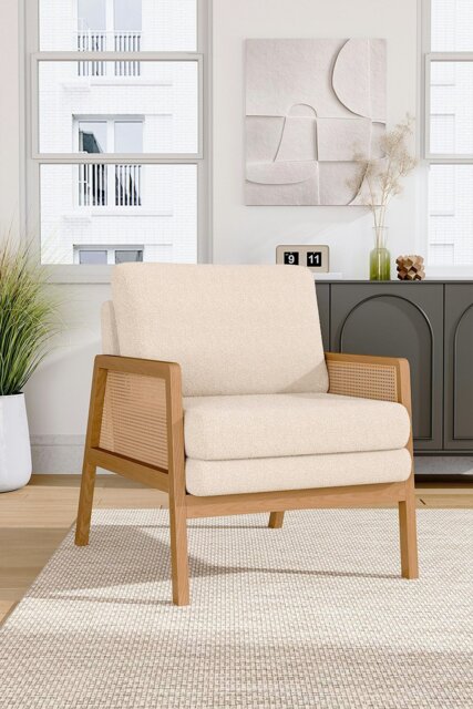 Rackhams White Teddy Fur Rattan Armrest Sofa Cushioned Armchair - White - image 1