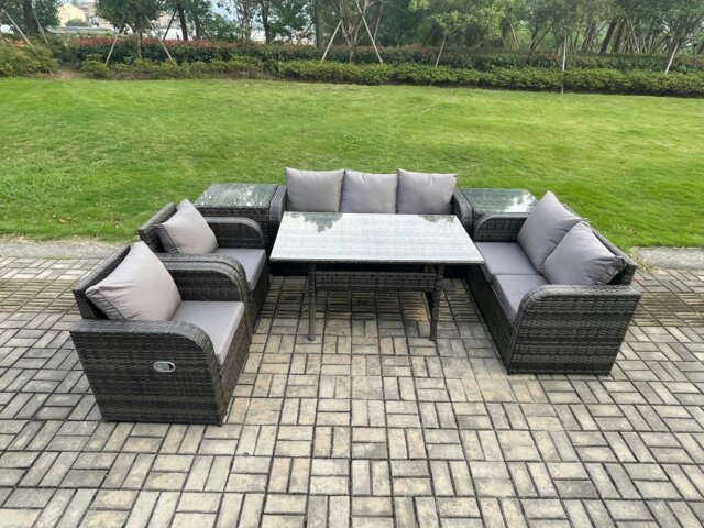 Rackhams 7 Seater Dark Grey Rattan Outdoor Dining Set - Reclining Chair, Loveseat, 2-Seater Sofa & Rectangular Dining Table - image 1