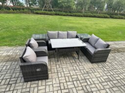 Rackhams 7 Seater Dark Grey Rattan Outdoor Dining Set - Reclining Chair, Loveseat, 2-Seater Sofa & Rectangular Dining Table - thumbnail 2