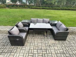 Rackhams 7 Seater Dark Grey Rattan Outdoor Dining Set - Reclining Chair, Loveseat, 2-Seater Sofa & Rectangular Dining Table - thumbnail 1