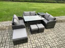 Rackhams 9 Seater Outdoor Rattan Garden Furniture Set with Patio Rectangular Dining Table Love Sofa Side Table 3 Footstools Dark Grey Mixed - thumbnail 2