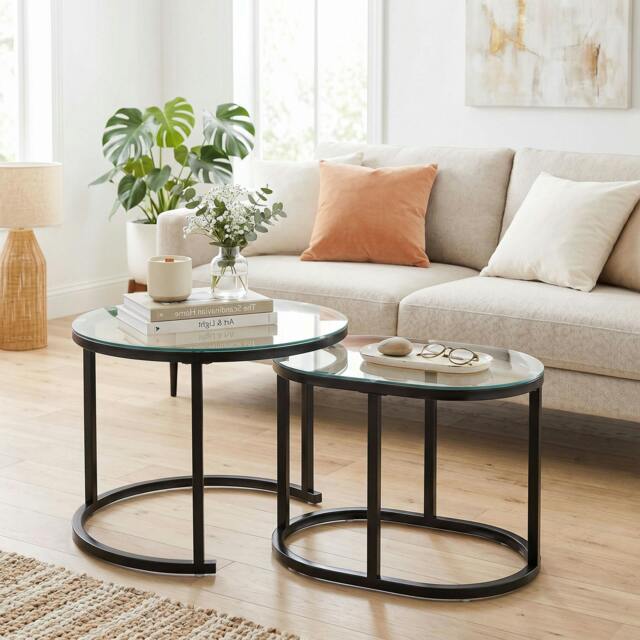 Rackhams 2 Pcs Modern Coffee Table with Tempered Glass Tabletop, Black - image 1