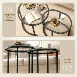 Rackhams 2 Pcs Modern Coffee Table with Tempered Glass Tabletop, Black - thumbnail 5