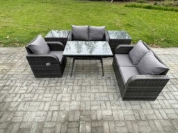 Rackhams 6 Pieces Outdoor Garden Dining Sets Rattan Furniture With Dining Table Armchairs Love Sofa 2 Side Tables Dark Grey Mixed - thumbnail 2