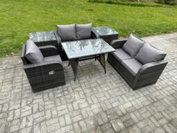 Rackhams 6 Pieces Outdoor Garden Dining Sets Rattan Furniture With Dining Table Armchairs Love Sofa 2 Side Tables Dark Grey Mixed - thumbnail 1