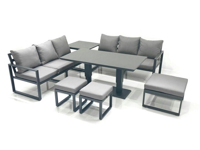 Rackhams 9 Seater Aluminium Outdoor Garden Furniture Set with Adjustable Rising Lifting Dining Table 3 Seater Sofa 3 Footstools Side Table Dark Grey - image 1