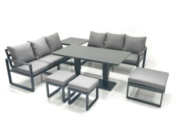 Rackhams 9 Seater Aluminium Outdoor Garden Furniture Set with Adjustable Rising Lifting Dining Table 3 Seater Sofa 3 Footstools Side Table Dark Grey - thumbnail 2