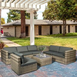 Rackhams 8Pcs Patio Rattan Sofa Set Garden Furniture Side Table w/ Cushion - 58cm x 58cm x 37cm - Mixed Brown - Steel, PE rattan, Polyester