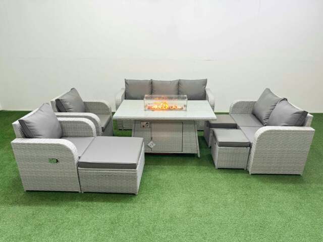 Rackhams PE Rattan Garden Furniture Set Reclining Chair Sofa Double Love Seat 2 Seater Sofa Lounge Set Fire Pit Dining Table 3 Stools Light Grey - image 1