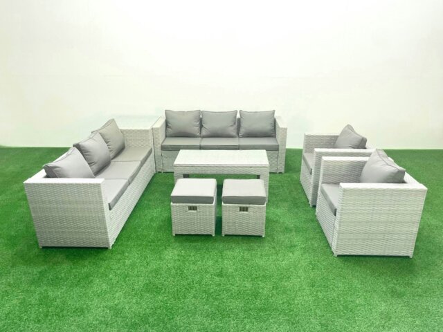 Rackhams Outdoor Garden Furniture Rattan Sofa Set with 2 Armchairs Oblong Coffee Table 2 Small Footstools Side Table Light Grey Mixed - image 1