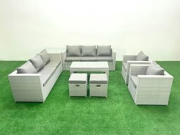 Rackhams Outdoor Garden Furniture Rattan Sofa Set with 2 Armchairs Oblong Coffee Table 2 Small Footstools Side Table Light Grey Mixed - thumbnail 2