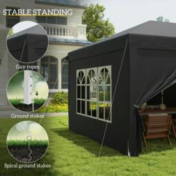 Rackhams 3 x 6 m Pop Up Gazebo with Sides and Windows, Height Adjustable Wedding Camping Party Tent Canopy Marquee with Storage Bag for Garden, Event, Black - thumbnail 6