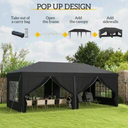 Rackhams 3 x 6 m Pop Up Gazebo with Sides and Windows, Height Adjustable Wedding Camping Party Tent Canopy Marquee with Storage Bag for Garden, Event, Black - thumbnail 4