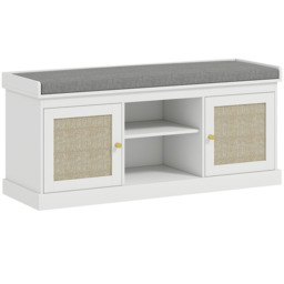 Rackhams Boho Shoe Storage Bench with 2 Rattan Doors, Padded Cushion, Entryway Shoe Bench - White, Grey - MDF, Linen (100% Polyester), Foam - 1 - thumbnail 2