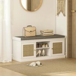 Rackhams Boho Shoe Storage Bench with 2 Rattan Doors, Padded Cushion, Entryway Shoe Bench - White, Grey - MDF, Linen (100% Polyester), Foam - 1 - thumbnail 1