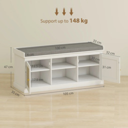Rackhams Boho Shoe Storage Bench with 2 Rattan Doors, Padded Cushion, Entryway Shoe Bench - White, Grey - MDF, Linen (100% Polyester), Foam - 1 - thumbnail 3