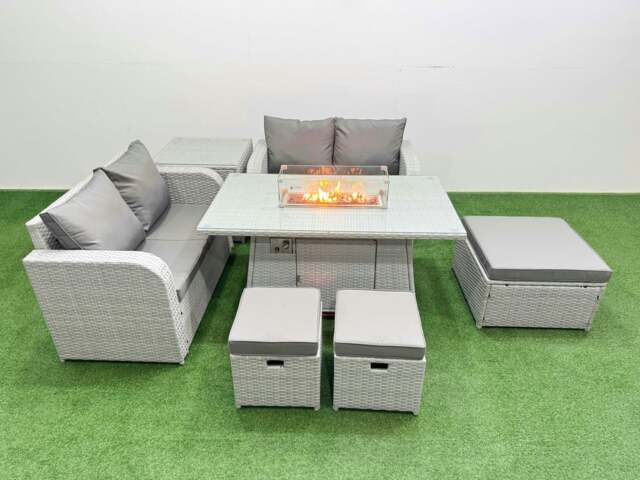 Rackhams 7 Seater Outdoor Love Sofa Set Rattan Garden Furniture Set with Fire Pit Dining Table 3 Footstool Side Table Light Grey - image 1