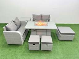 Rackhams 7 Seater Outdoor Love Sofa Set Rattan Garden Furniture Set with Fire Pit Dining Table 3 Footstool Side Table Light Grey - thumbnail 1