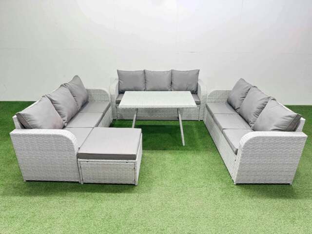Rackhams 10 Seat Outdoor PE Rattan Garden Furniture with Cushions 3 Seater Sofa Big Stool Light Grey - image 1