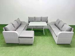 Rackhams 10 Seat Outdoor PE Rattan Garden Furniture with Cushions 3 Seater Sofa Big Stool Light Grey