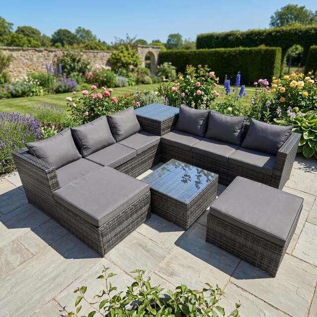 Rackhams 8 Seater Rattan Garden Furniture Set with Corner Sofa, Coffee Table & 2 Stools - Dark Grey - image 1