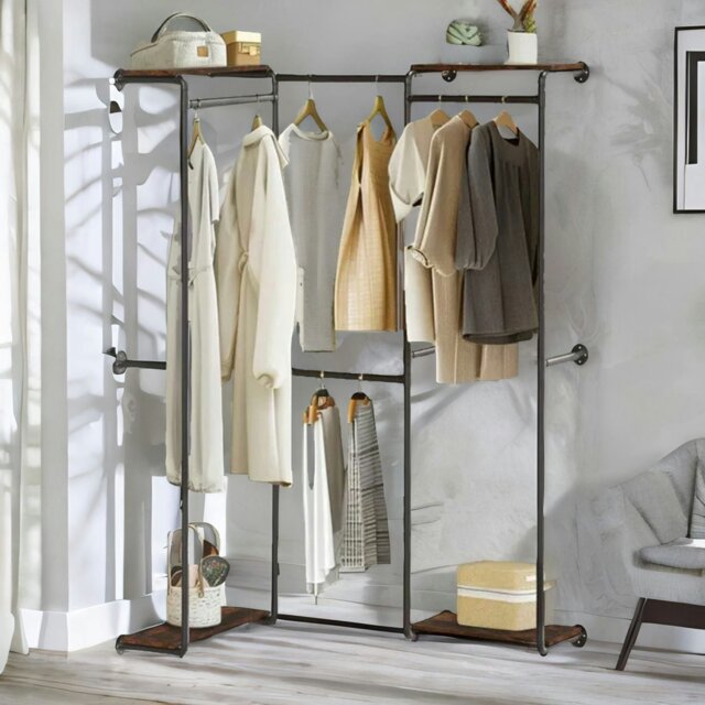 Rackhams Heavy Duty Wall-Mounted Metal Clothes Rail Open Wardrobe Black - image 1