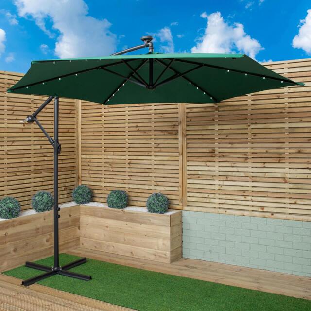 Rackhams 3m Solar Powered Cantilever Lit Banana Garden Parasol with Crank Handle & White LED Lights in Green - image 1