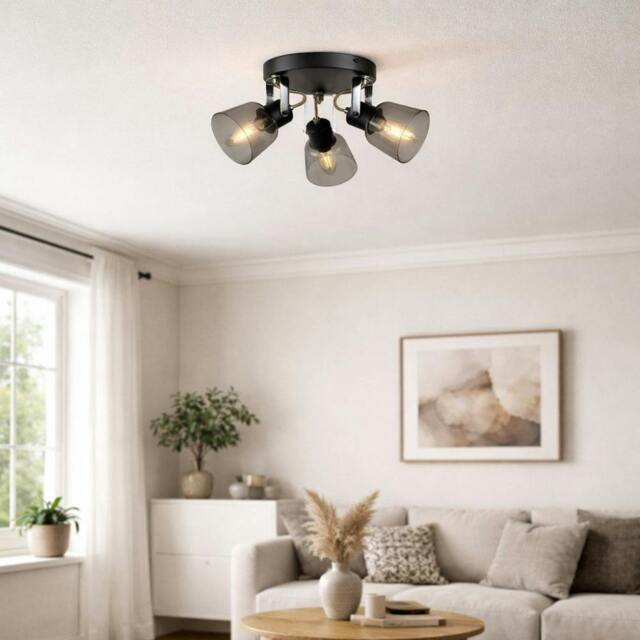 Rackhams Zach 3 Light Black Ceiling Spotlight Plate with Glass Shade - image 1